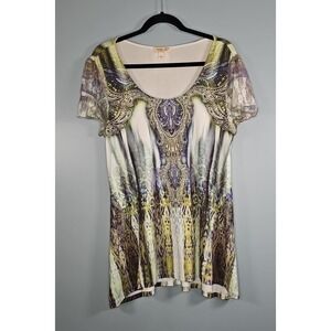 One World Mini Dress Top Cap Sleeve Embellished Lace V Neck Blue Green Size M